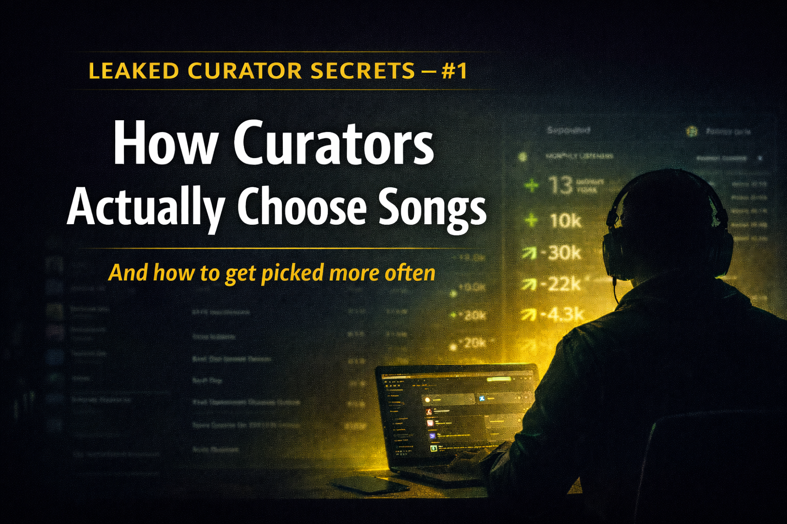The title of the image is leaked curator insights, how do curators actually choose songs. You see a curator in the background reviewing songs.